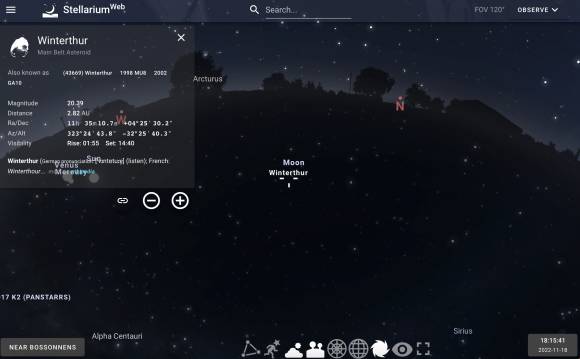Stellarium zeigt einen Nachthimmel über Winterthur