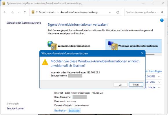 Screenshot zeigt, wie in der Anmeldeinformationsverwaltung ein Eintrag gelöscht wird