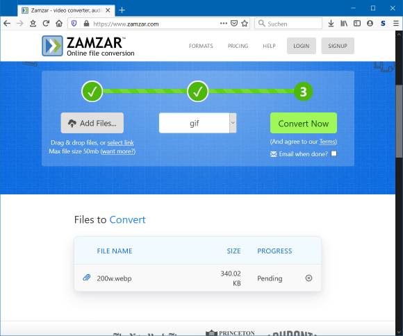 Screenshot der Zamzar.com-Webseite