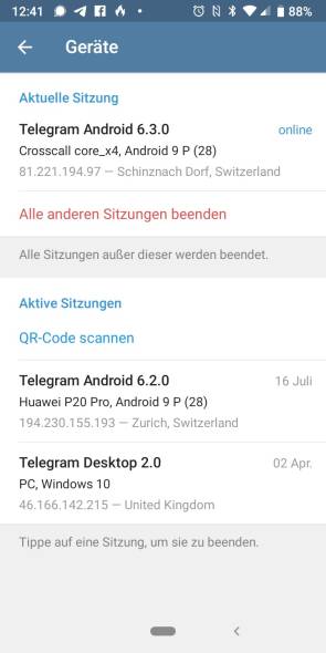 Telegram zeigt Sitzungen dieses Kontos auf anderen Geräten