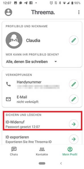 Threema mit der Option ID-Widerruf