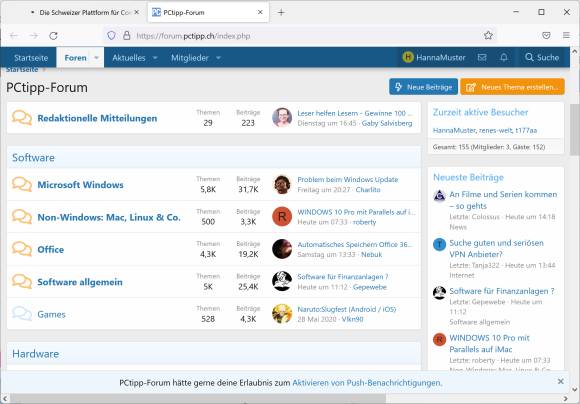 Screenshot PCtipp-Forum mit der Push-Anfrage am unteren Rand des Fensters