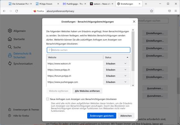 Screenshot Push-Einstellungen in Firefox