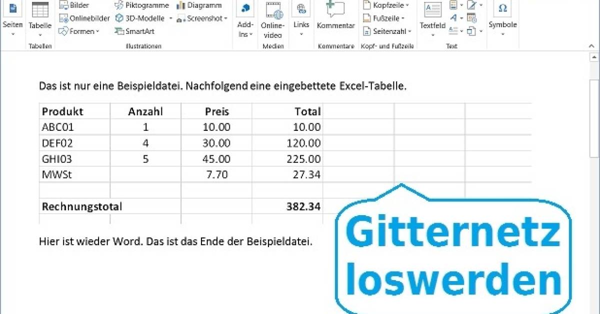 Word: Excel-Tabelle ohne Gitternetz einbinden - pctipp.ch