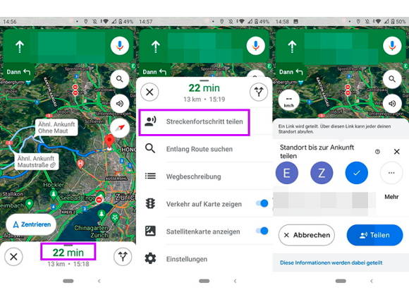 Screenshots zum Teilen des Streckenfortschritts auf dem Smartphone