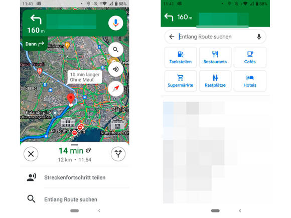 Smartphone-Screenshots zu "Entlang der Route suchen"