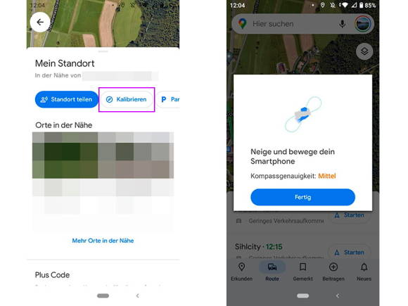 Smartphone-Screenshot zum Kalibrieren des Maps-Kompasses
