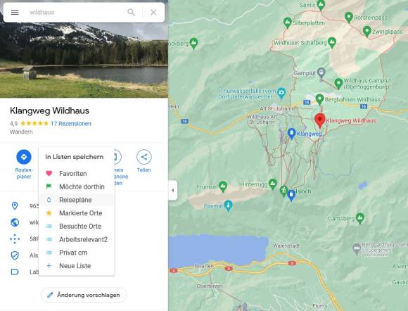 Reisepläne in Google Maps