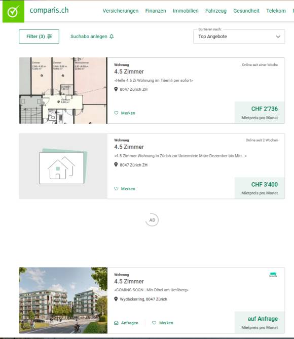 Comparis-Wohnungssuchresultate