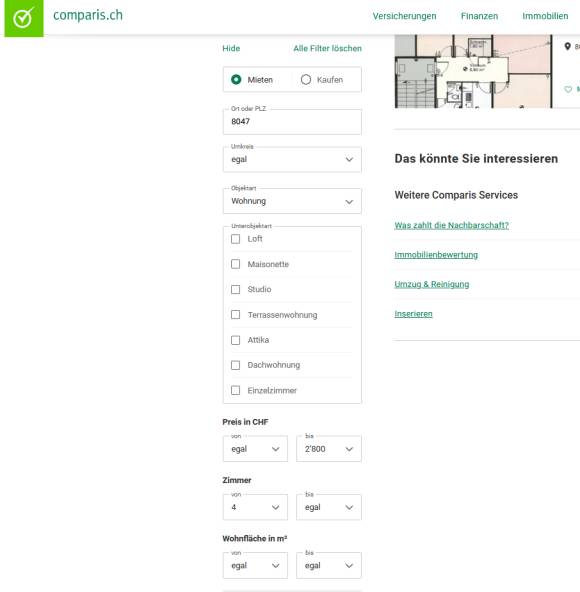 Screenshot der Suchfilter der Comparis-Wohnungssuche