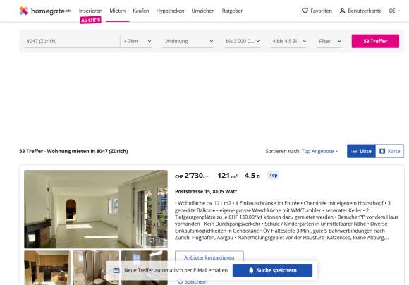 Screenshot eines Homegate-Suchresultats