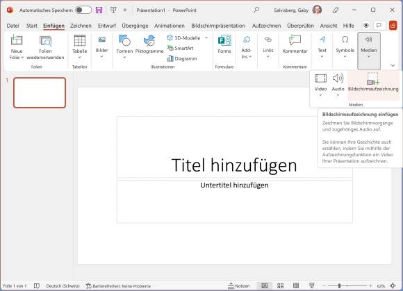 Screenshot PowerPoint mit dem Befehl Einfügen/Medien