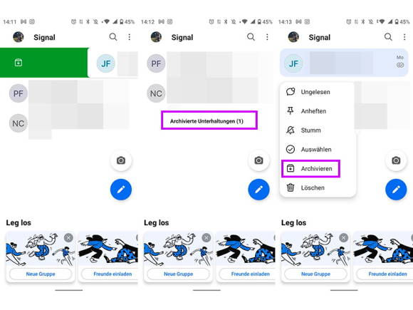Drei Screenshots zeigen in Signal für Android den Weg zum Archivieren
