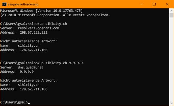 Konsolenfenster mit Befehlen zur DNS-Abfrage