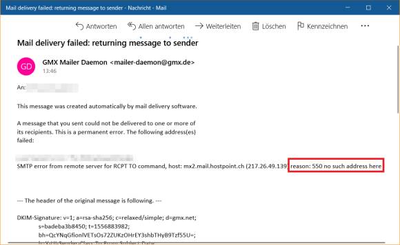 Eine Unzustellbarkeits-Mail, der Fehler "No such address here" ist markiert