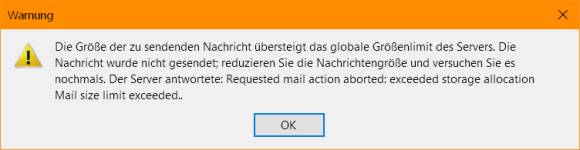 Fehlermeldung teilt mit, dass die Mail zu gross für den Versand ist