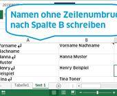 Excel-Screenshot zeigt Namen in einer Spalte mit Zeilenumbruch in der anderen ohne