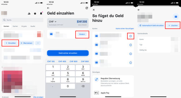 Screenshots zeigen den Weg zum Entfernen einer Kreditkarte