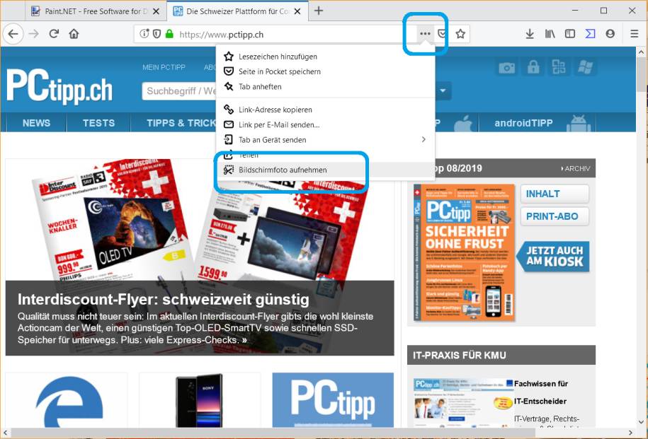 Kein Addon nötig Screenshot einer ganzen Webseite pctipp.ch