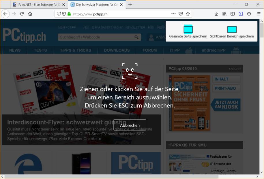 Kein Addon nötig Screenshot einer ganzen seite pctipp.ch