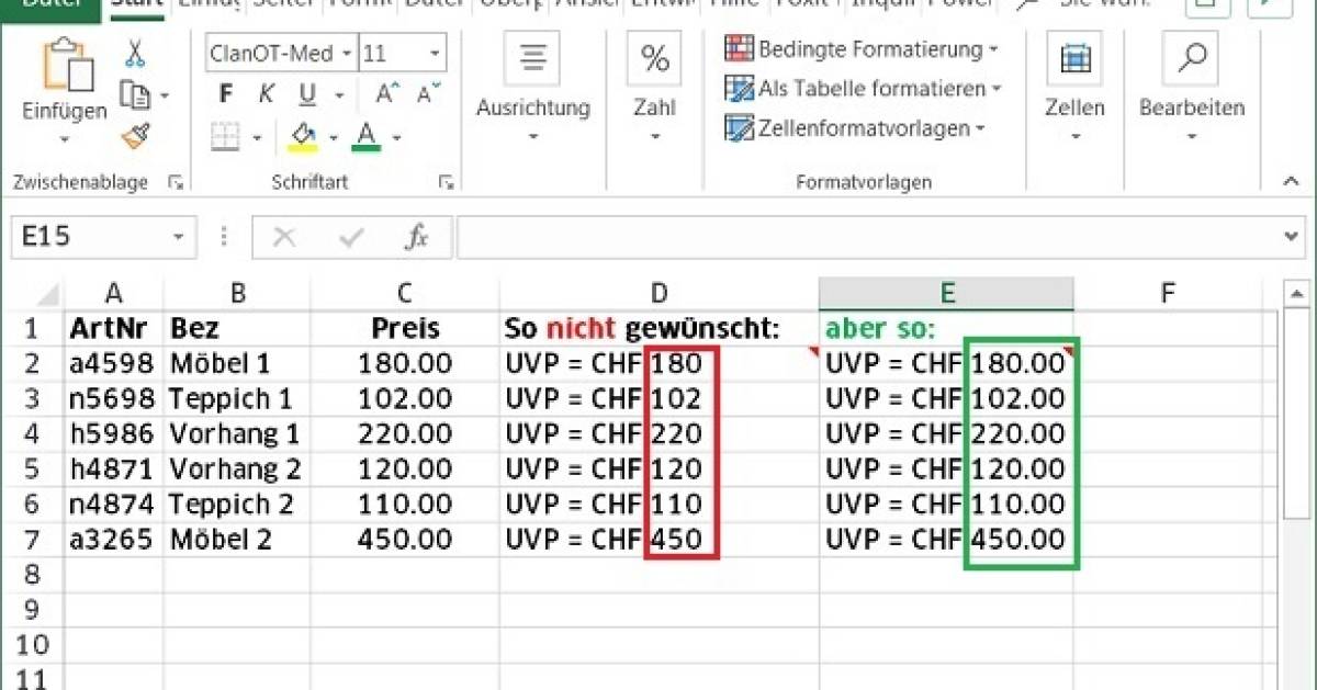 Excel: Zahlenformat direkt in Formel mitgeben - pctipp.ch