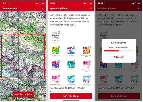 Das Bild zeigt, wie man mit SchweizMobil Plus unter iOS Karten herunterlädt