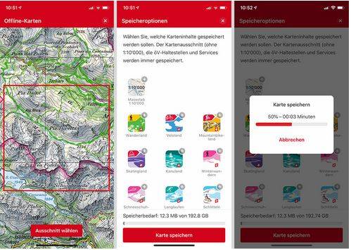 Nur Gönner der Stiftung können Karten herunterladen Das Bild zeigt, wie man mit SchweizMobil Plus unter iOS Karten herunterlädt