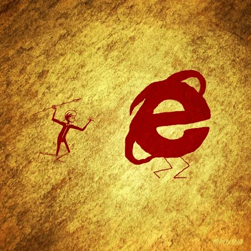 Animiertes Gif zeigt Höhlenmalerei eines Jägers, der ein Internet-Explorer-Logo angreift
