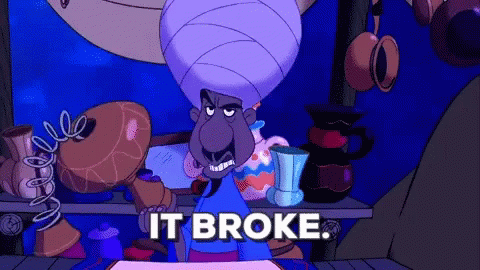 Animiertes GIF: Händler aus dem Aladdin-Trickfilm wirft eine Vase hinter sich und sagt: it broke