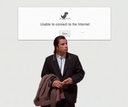 Animiertes GIF mit einem sich verloren umschauenden John Travolta, dahinter eine Internet-Fehlermeldung