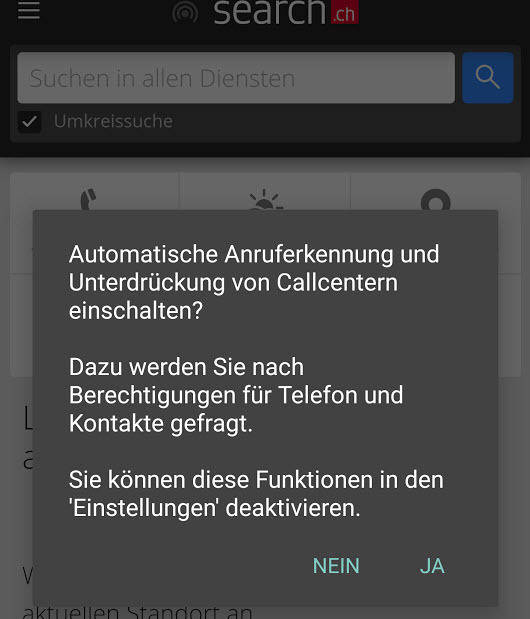 Die Search.ch-App ist auf Android ein guter Gehilfe zur Identifizierung von Callcenter-Anrufen