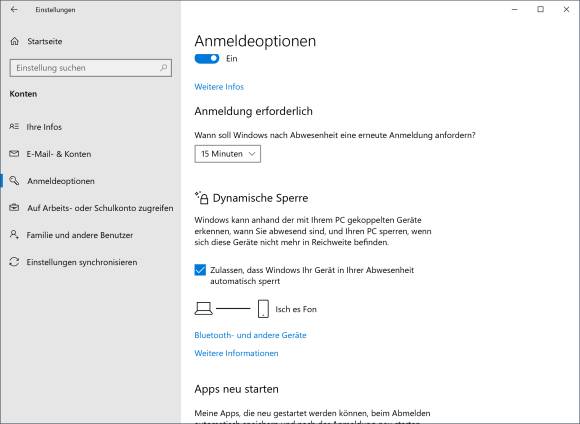 Screenshot Dynamische Sperre in Windows 10