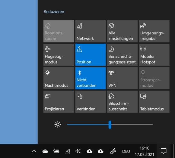 Screenshot Info-Center mit aktivieretem Bluetooth