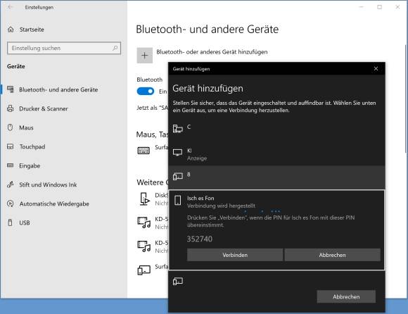 Screenshot Kopplungsanfrage unter Windows 10 mit Code