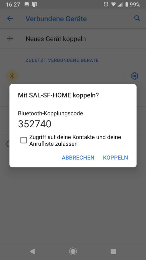 Screenshot Kopplungsanfrage auf dem Smartphone mit Code