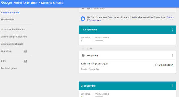 Google-Aktivitäten mit Sprachaufzeichnungen