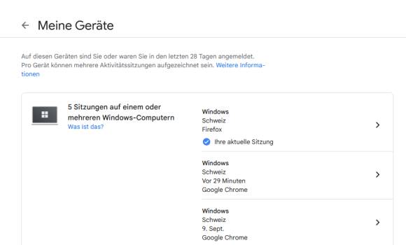 Die Geräteübersicht im Google-Konto