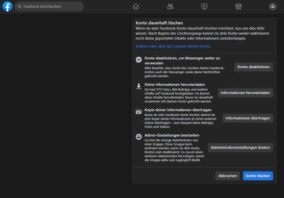 Facebook-Seite zum Löschen des eigenen Kontos