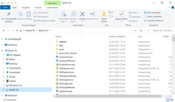 Screenshot Sysinternals im Explorer erreichbar