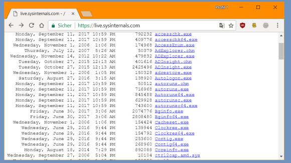 Screenshot Liste der Sysinternals-Tools