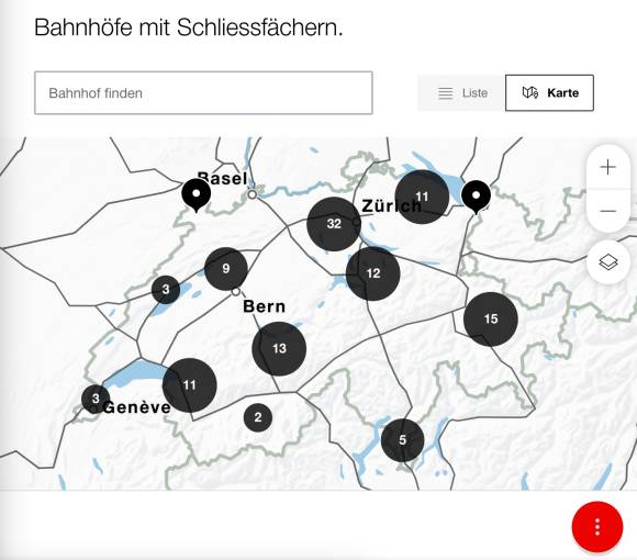 Schweizerkarte mit markierten Schliessfachpositionen