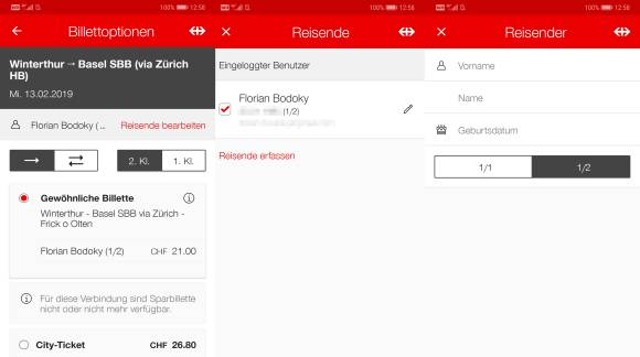 Hinzufügen von Mitreisenden in der Ticket-App