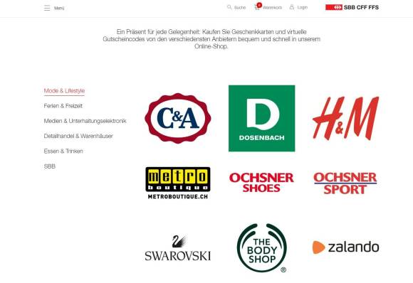 Gutscheinshop mit Logos von C&A, Deichmann, H&M, Ochsner Sport und mehr