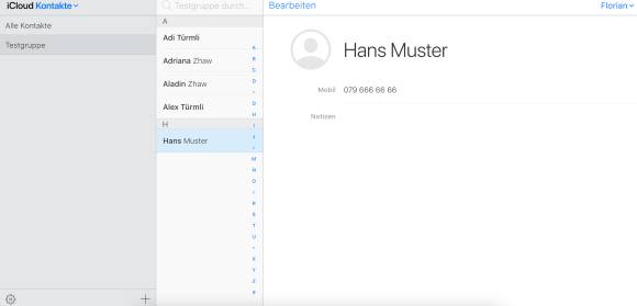 Screenshot iCloud-Kontakte auf dem Desktop-Computer