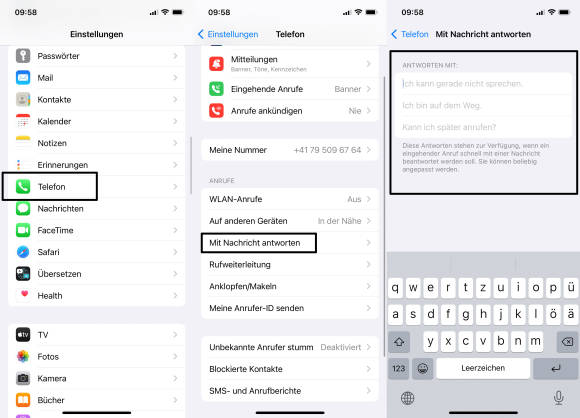 Screenshots der Einstellungen auf dem iPhone