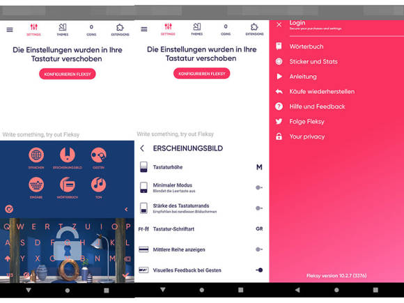 Drei Screenshots zeigen die Einstellungsmöglichkeiten der Fleksy-Tastatur