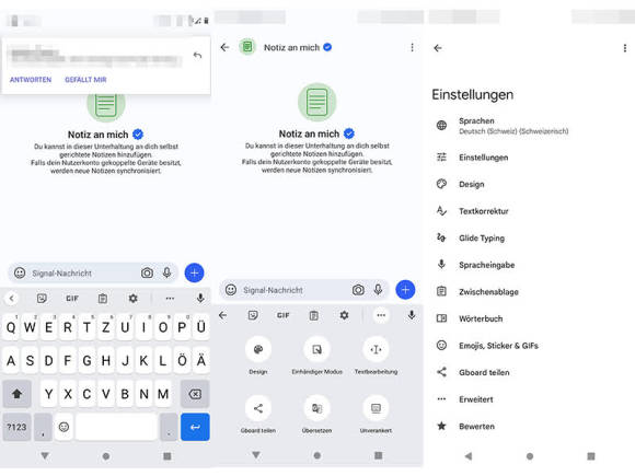 Drei Screenshots mit GBoard-Einstellungen