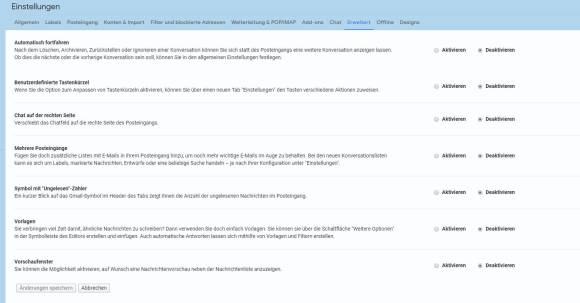 Die erweiterten Einstellungen von Gmail