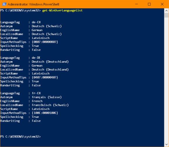 Screenshot Sprachenliste in der PowerShell