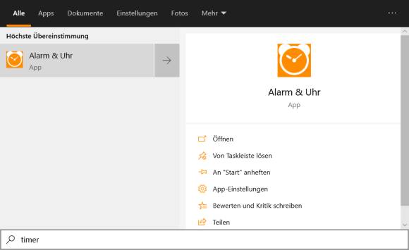 Die Timer-App im Startmenü